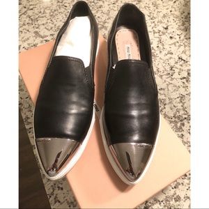 Miu Miu Pointed Metallic Metal Cap-Toe Skate Black Leather Sneakers (38/8)